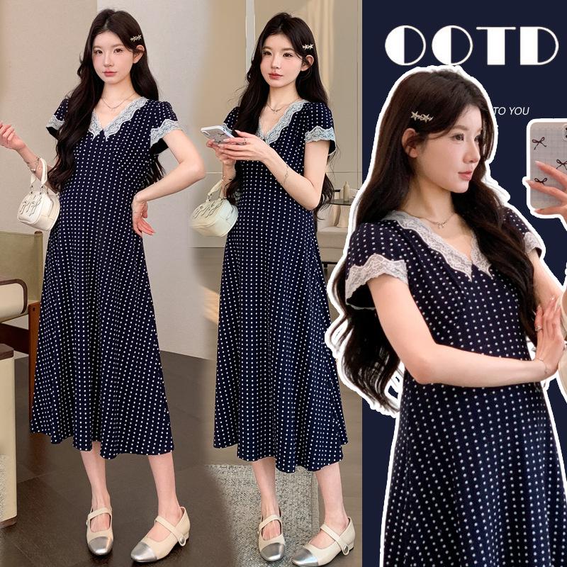 2026 Spring/Summer V-Neck Polka Dot Stretchy Knit Maternity Dress with High Waist Slimming Skirt 2XL