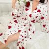 Women's Heart Printed Robe Soft Belted Kimono Bathrobe Mid Length Shower Spa Loungewear Cozy Long Sleeve Pajamas