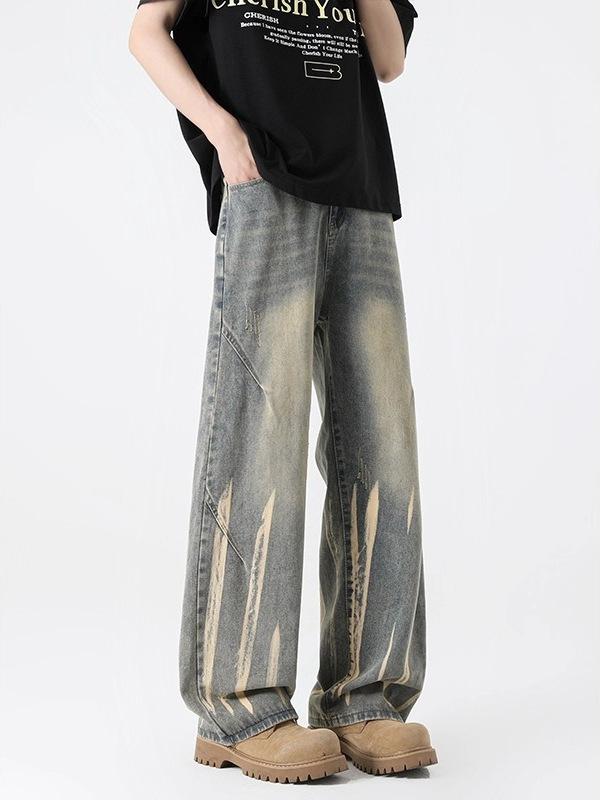 Washed and Old Jeans Men's High-end Sense Ruffian Handsome Cleanfit Pants Spring and Autumn Straight Loose Wide-leg Trousers