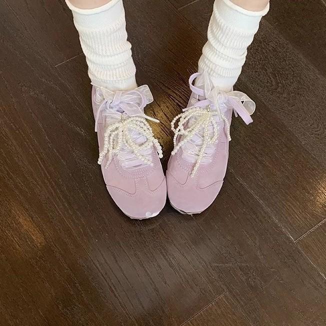 [Armano] Lace Pearl Lace-up Dopamine Agund Training Shoes Women's Ballet Soft-soled Sports and Leisure Shoes