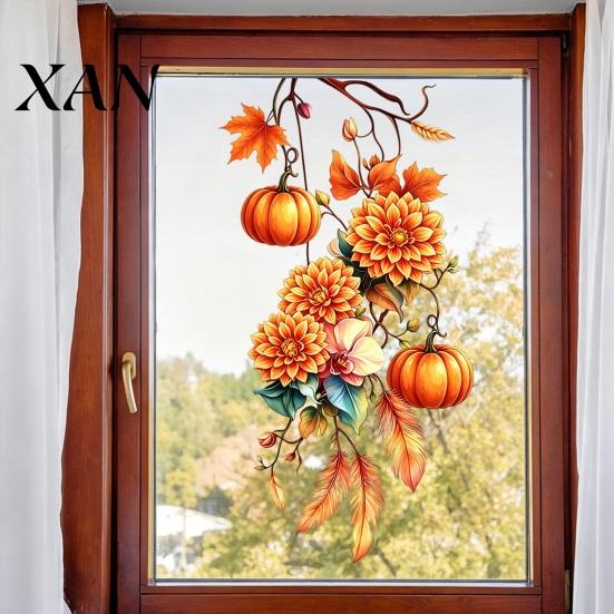 Pumpkin Maple Leaf Stickers Fall Thanksgiving Static Window Clings, Autumn Floral Glass Atmosphere Wall Decor Decals, Removable Harvest Season