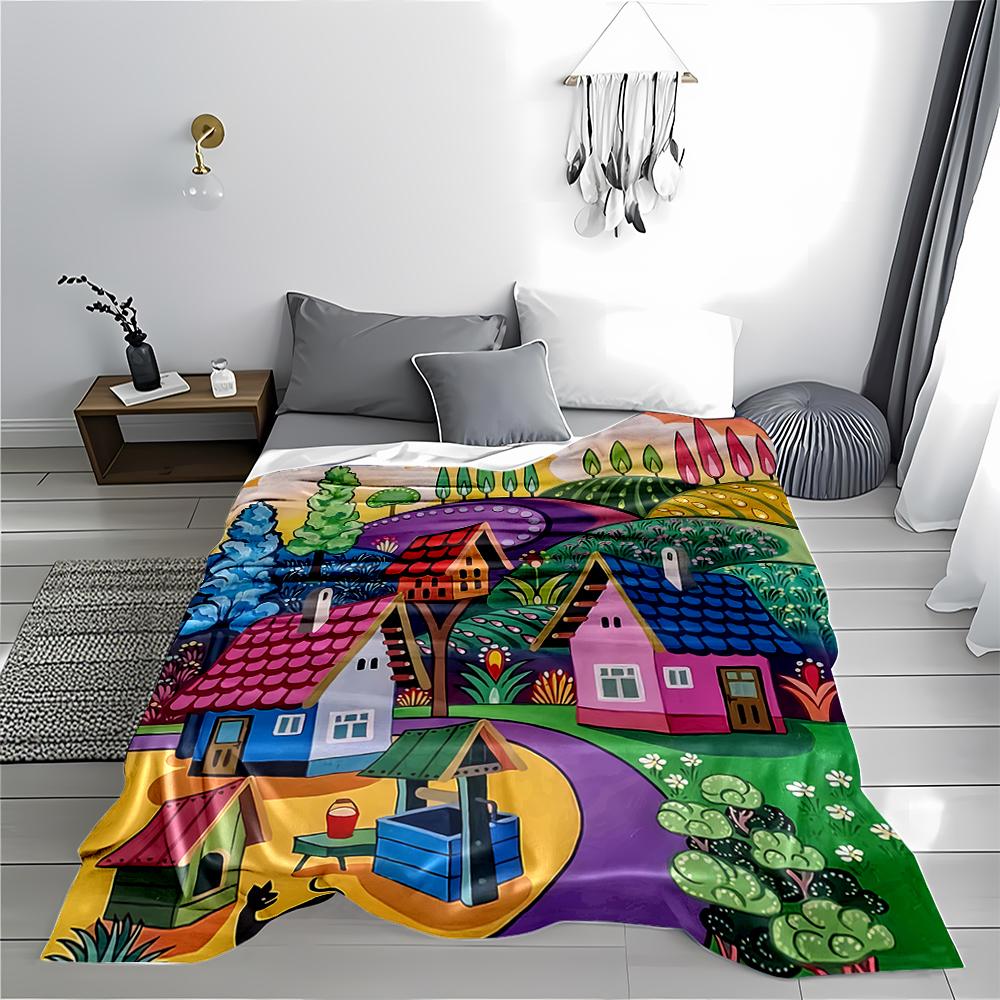 Colorful Fairy Tale Village Landscape Printed Blanket Blanket Decor Blanket, Suitable for Use In the Bedroom, Living Room, On the Sofa