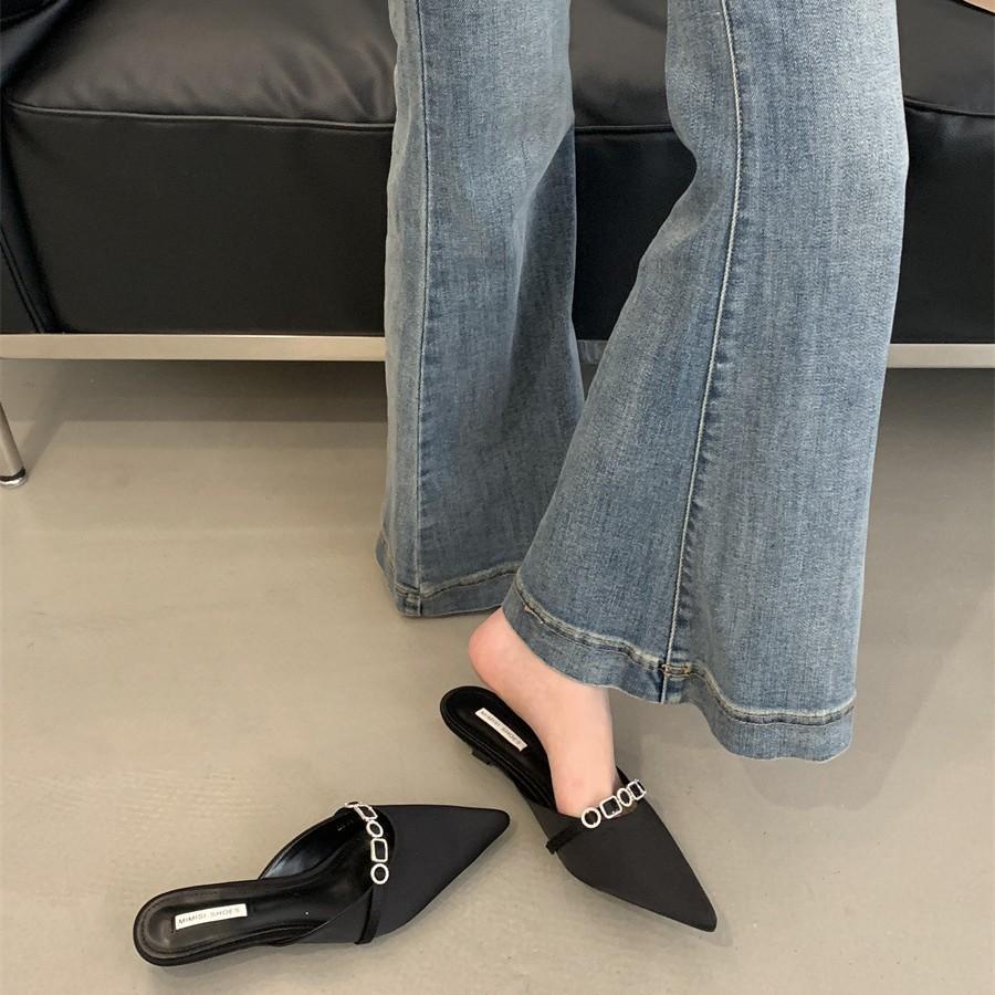 Sandals Women'S Summer One-Word Buckle High Heels Thick Heel Hollow Pointed Head Bag Head Rhinestone Versatile Single Shoes