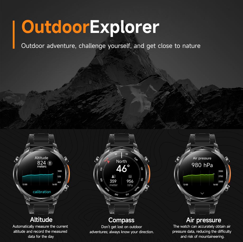 SACOSDING Smart Watch Men Outdoor Sports GPS Positioning Flashlight Altitude Air Pressure BT Calling Health Monitoring Smartwatch