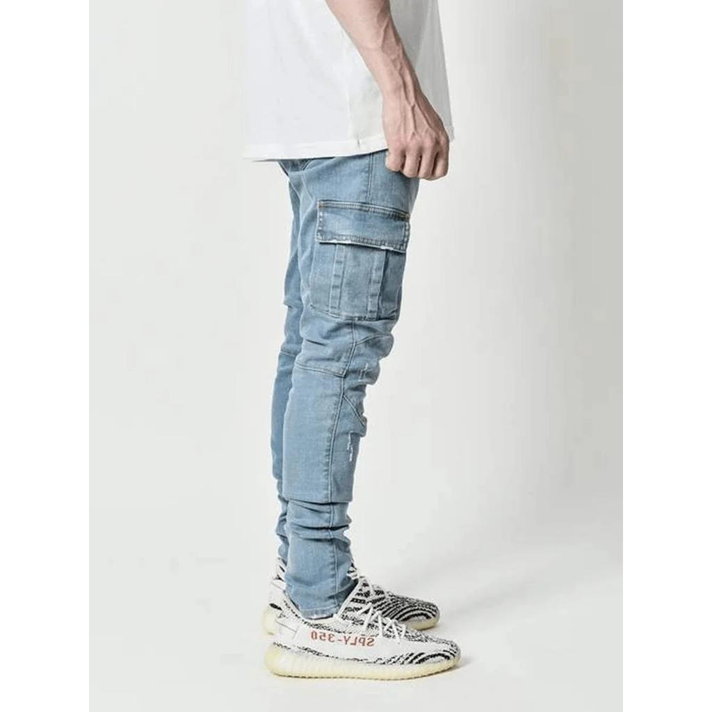 DRIPX Street Elastic Jeans Men Denim Cargo Pants Wash Solid Color Multi Pockets Casual Mid Waist Trousers Slim Fit Daily Wear Joggers