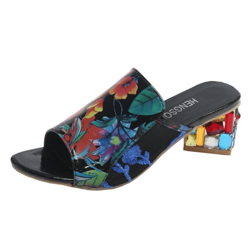 Embroidered open-toed high-heeled slippers women's large-size thick-heeled printed one-word fashion cool slippers ebay