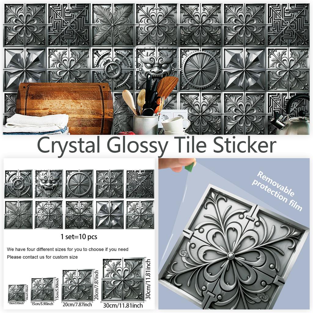 10Pcs 3D Metal Embossed Tile Stickers, Vintage Silver Floral PVC Wall Decals, Waterproof Self-Adhesive Crystal Film Decor for Kitchen Bathroom Floor