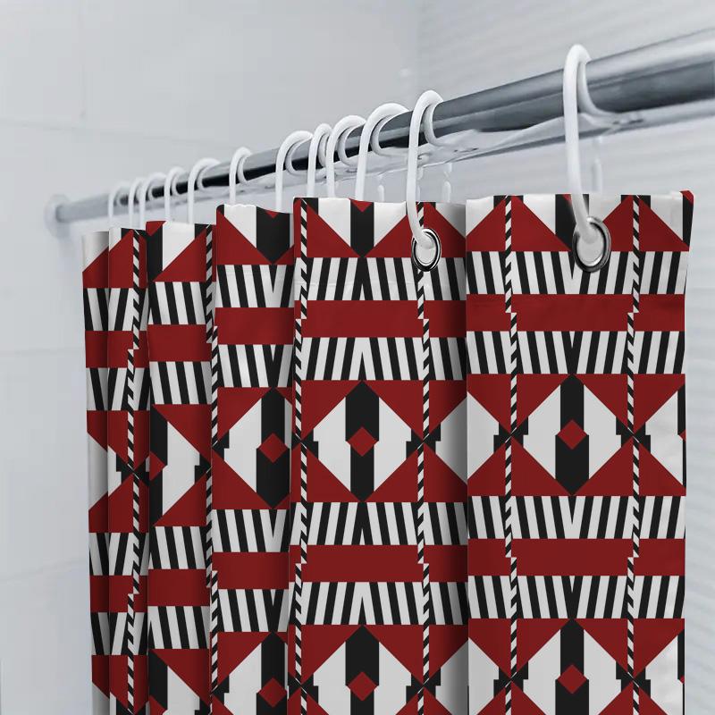 Modern Red White Geometric Shower Curtain Set Striped Bath Decor Water-Resistant Fabric Perfect For Bathroom Multiple Sizes Avai