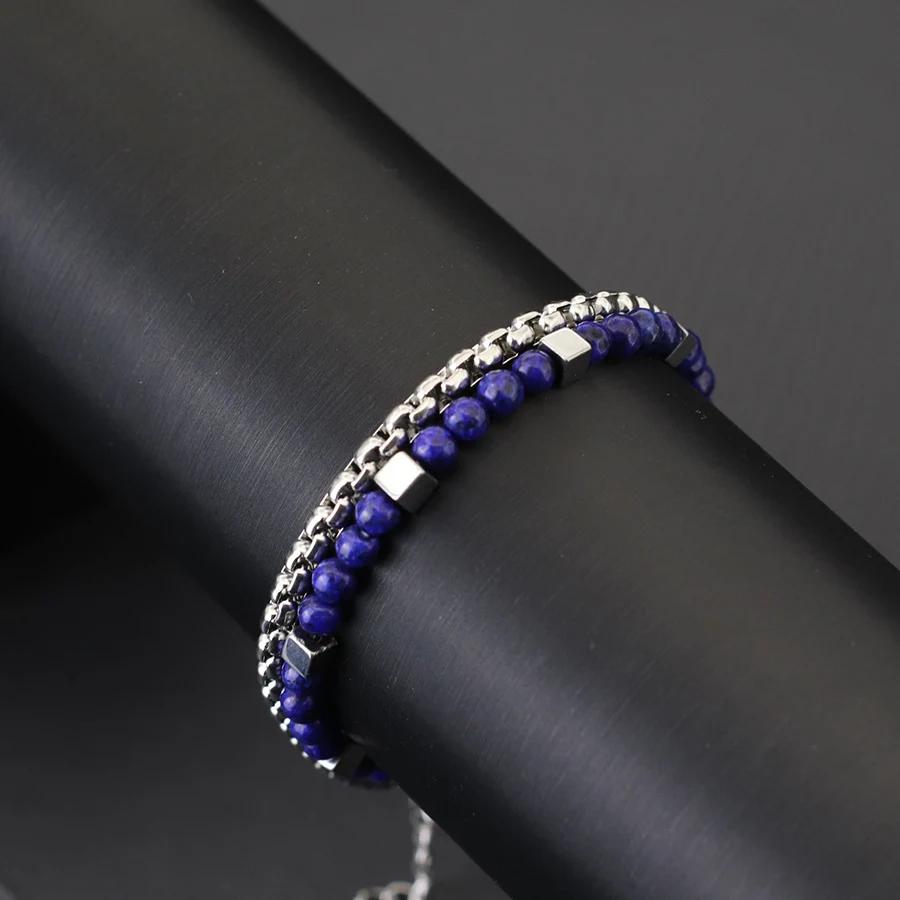 Stylish 2Pcs Men Bracelet Set 4mm Stainless Steel Cuban Chain Braslet Square Hematite Stone Healing Braclet Cycling Accessories