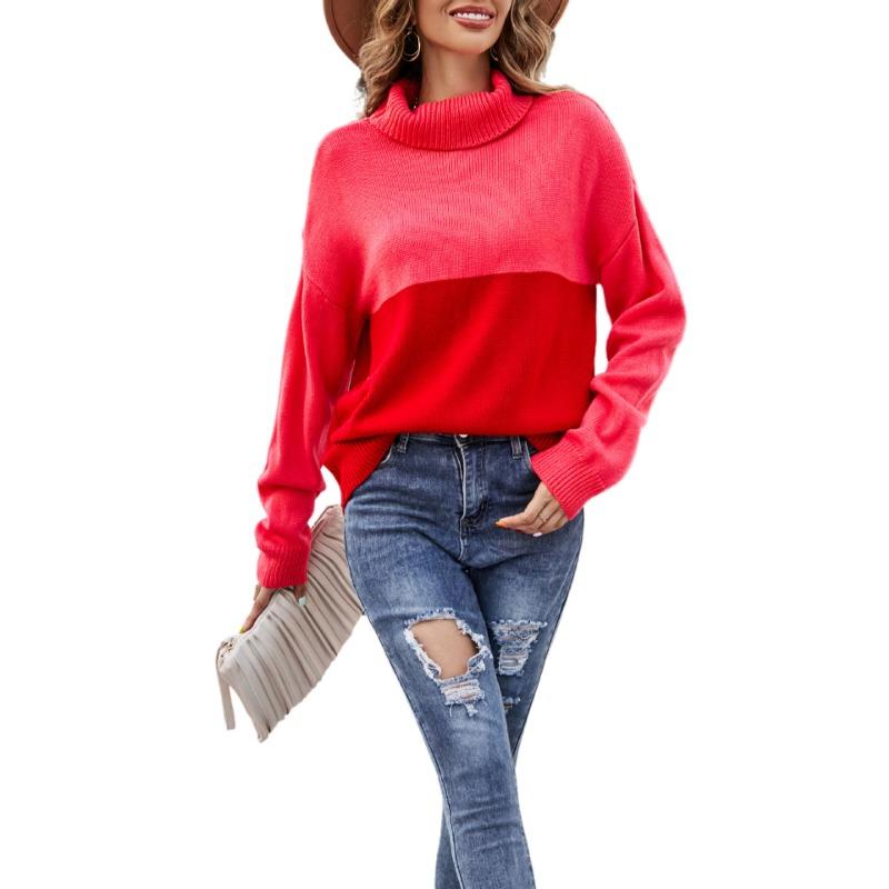 Women's Autumn and Winter Clashing Colours High Neck Large Size Pullover Sweater