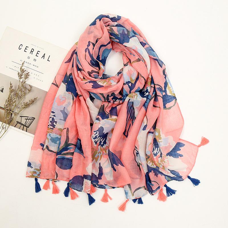 Fashion Luxury Ink Painting Floral Tassel Viscose Shawl Scarf Lady High Quality Wrap Pashmina Stole Bufandas Muslim Hijab