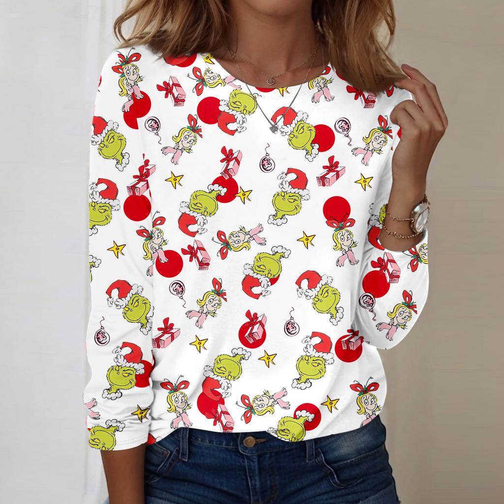 Damenmode, lässig, langärmelig, bedruckt, Rundhalsausschnitt, Pullover, Top, Bluse