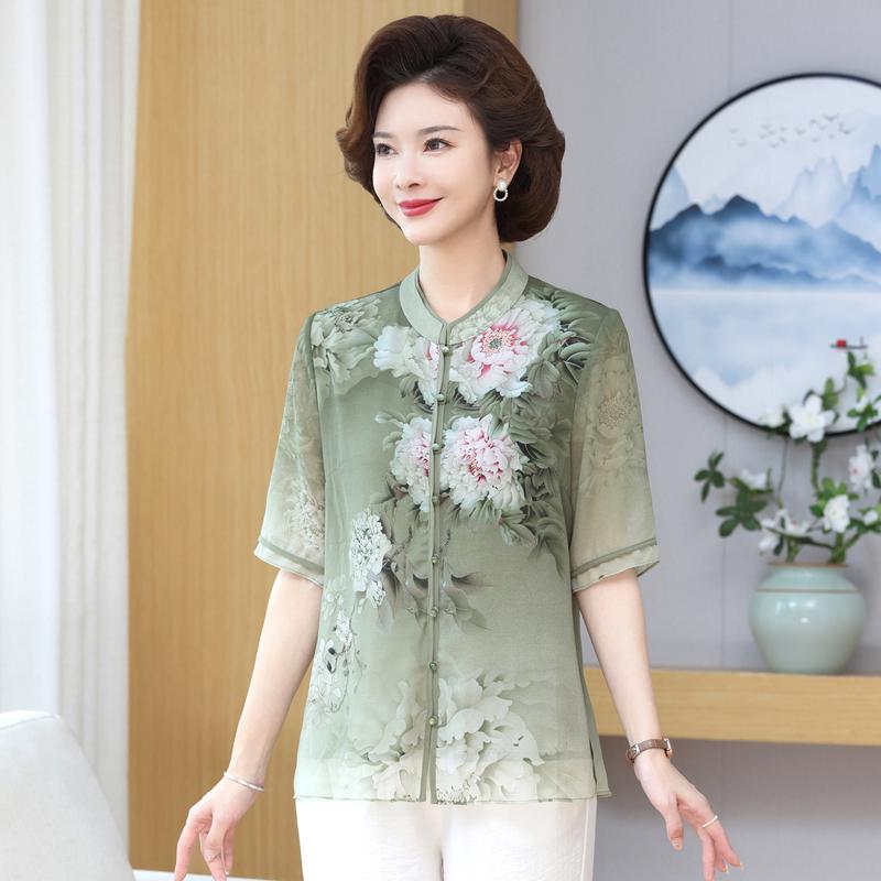 Middle Aged And Elderly Women's Casual Breathable Round Neck Short Sleeved Chinese Style T-shirt Western Style Top For Women