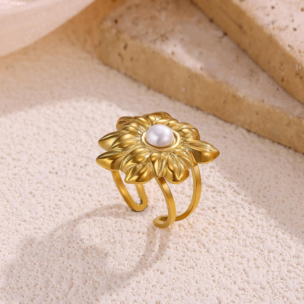 Flower Fashion Anillos For Women Fake Pearl Gold Color Rings Stainless Steel Geometry Sunflower Ring Jewelry Party Daily Gifts