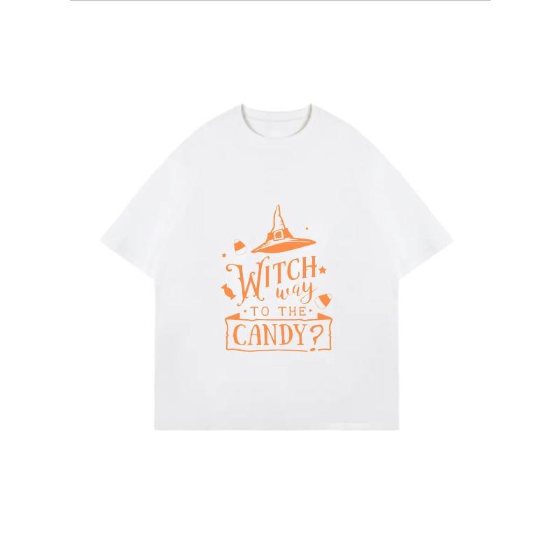 White Oversized T Shirt Witch Way To The Candy Halloween Print For Women Casual Autumn Outfit