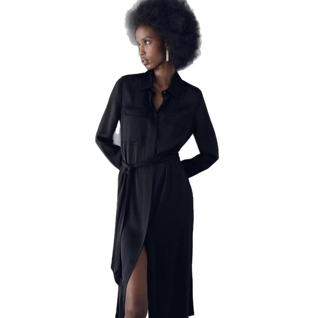 2025 Women's European & American Temperament Long Sleeve Shirt Dress with Pocket Detail