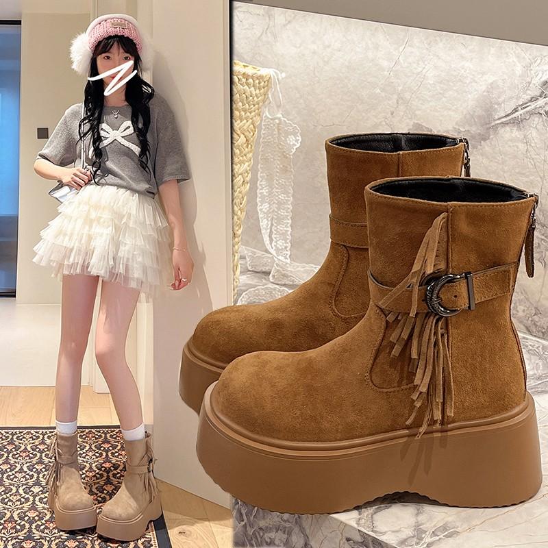Fashion Retro Platform Heightened Boots Women's 2025 Autumn New Versatile Skinny Booties British Style