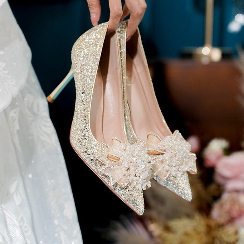 Fashion 2025 New Spring and Summer Wedding Shoes Two Wear Bridal Shoes Rhinestone Sequin Heels