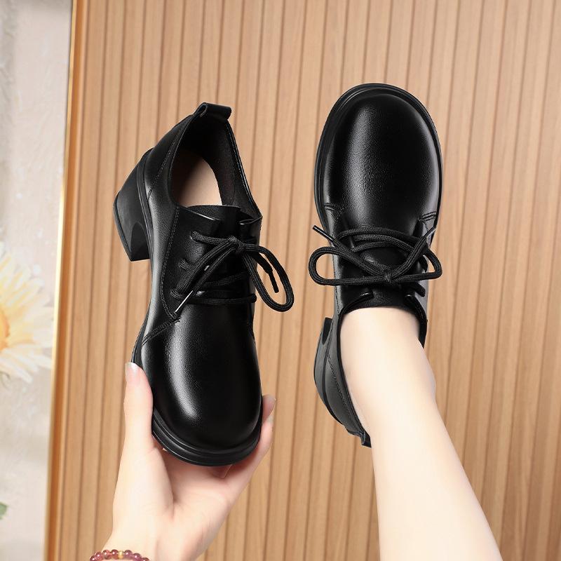 Soft leather soft sole, spring and autumn deep mouth lace-up single shoes work shoes women's black women's leather shoes