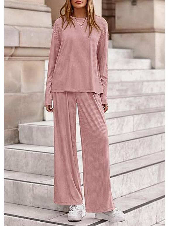 Women's Autumn 2-Piece Set: Long Sleeve Ribbed Knit Top & Wide Leg Pants - Casual & Postpartum Wear