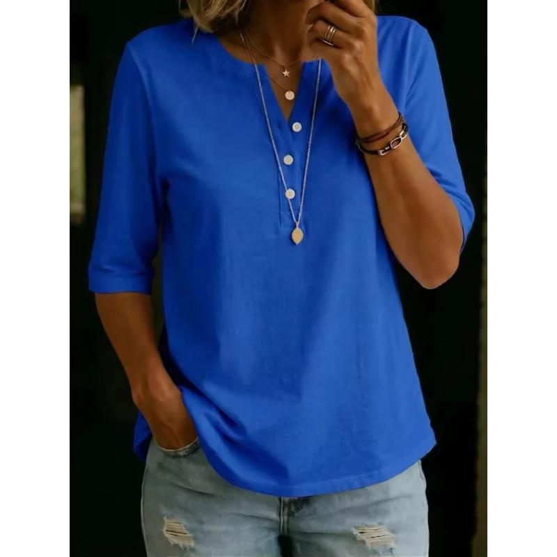 JPNTKY Women's Fashion Casual Solid Color Print Short Sleeve V Neck Blouses & Shirts
