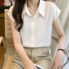 WTEMPO Women Short Sleeve Shirt Lapel V Neck Smooth Loose Elegant Office Commuter Solid Color Summer Blouse Top