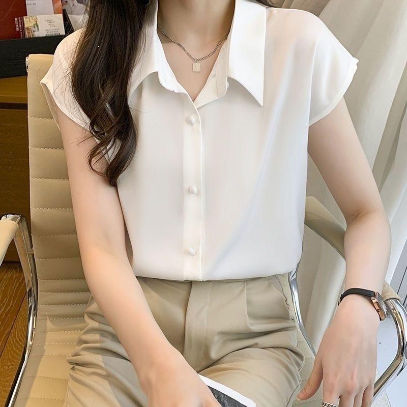 WTEMPO Women Short Sleeve Shirt Lapel V Neck Smooth Loose Elegant Office Commuter Solid Color Summer Blouse Top