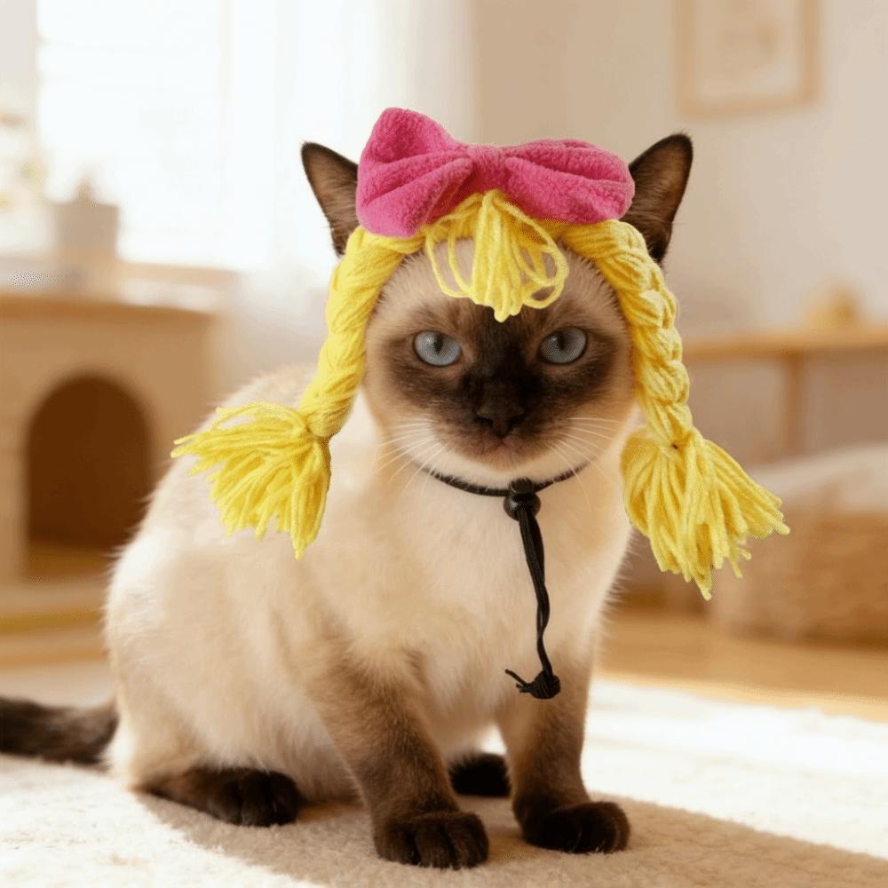 Double Braids Pet Wig Braid Bow Pet Headgear Pet Dress Up Cat Funny Headpiece  Cosplay Events