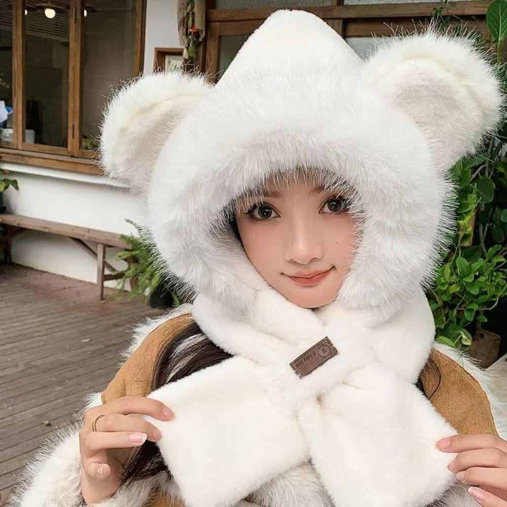 

All-in-one Plush Hat Scarf Anti Cold Wind Beanies Cap Versatile Women Hat Scarf Women белый