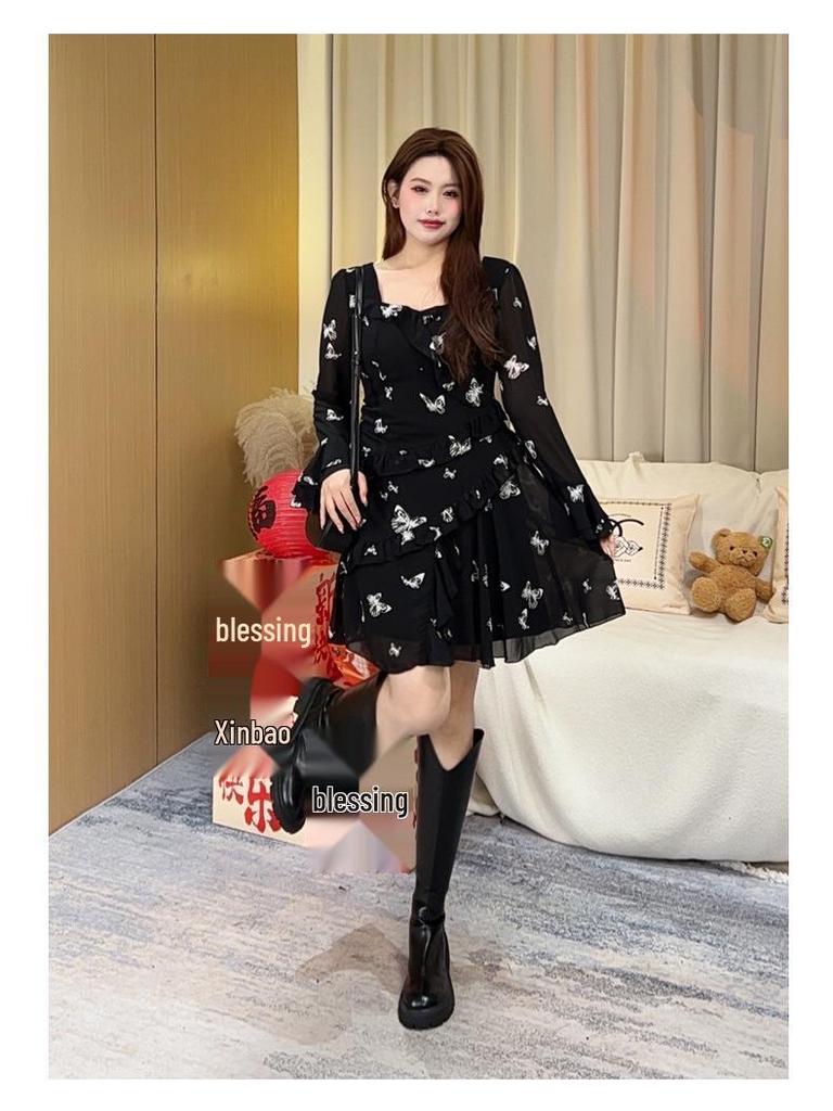 2025 Spring Fashion Print Chiffon Dress with Flared Sleeves for Plus Size Women