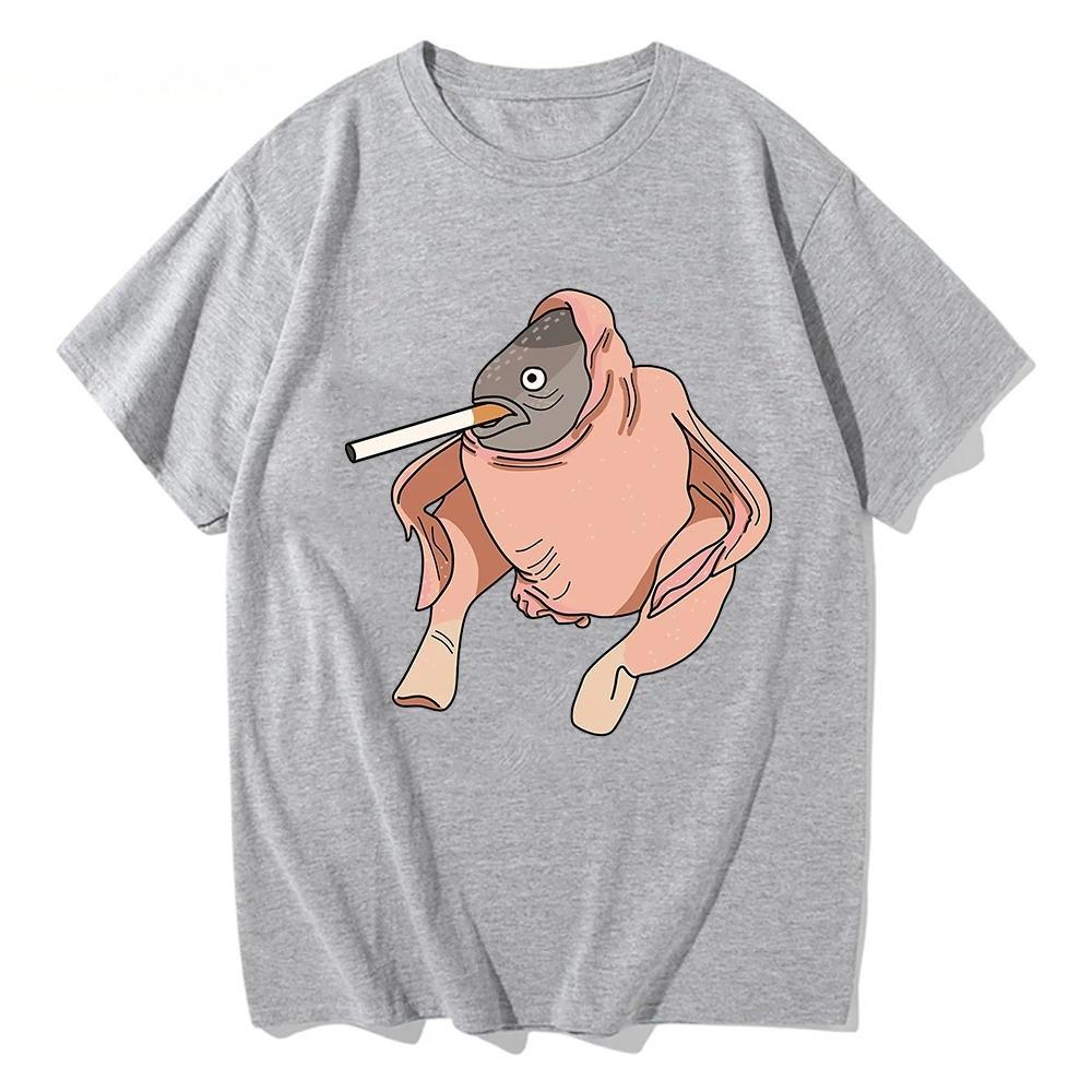 Fish Chicken Smoking A Cigarette Funny Tshirt Cartoon Printed Women Short Sleeve Round Neck Tops Womens TShirt Casual Clothing
