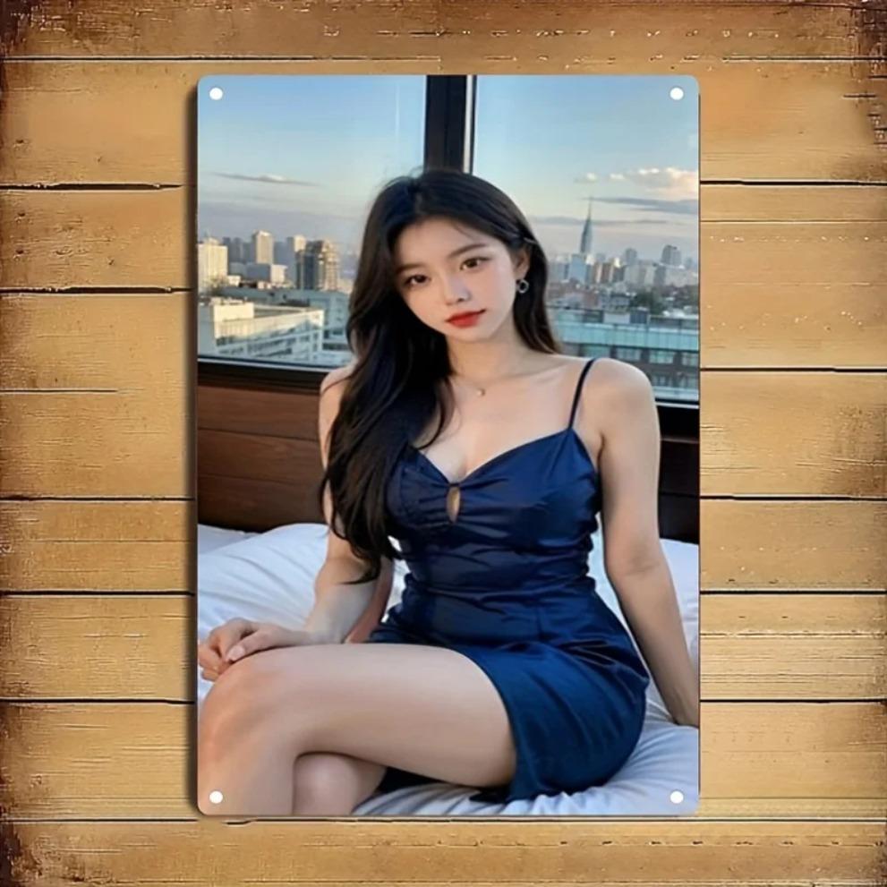 Hisun Tin Sign HD Metal Tin Sign Beautiful Asian Girl In Blue Slip Dress Retro Wall Decor D Flat Iron Painting Plaque for Home Bar Club Pub