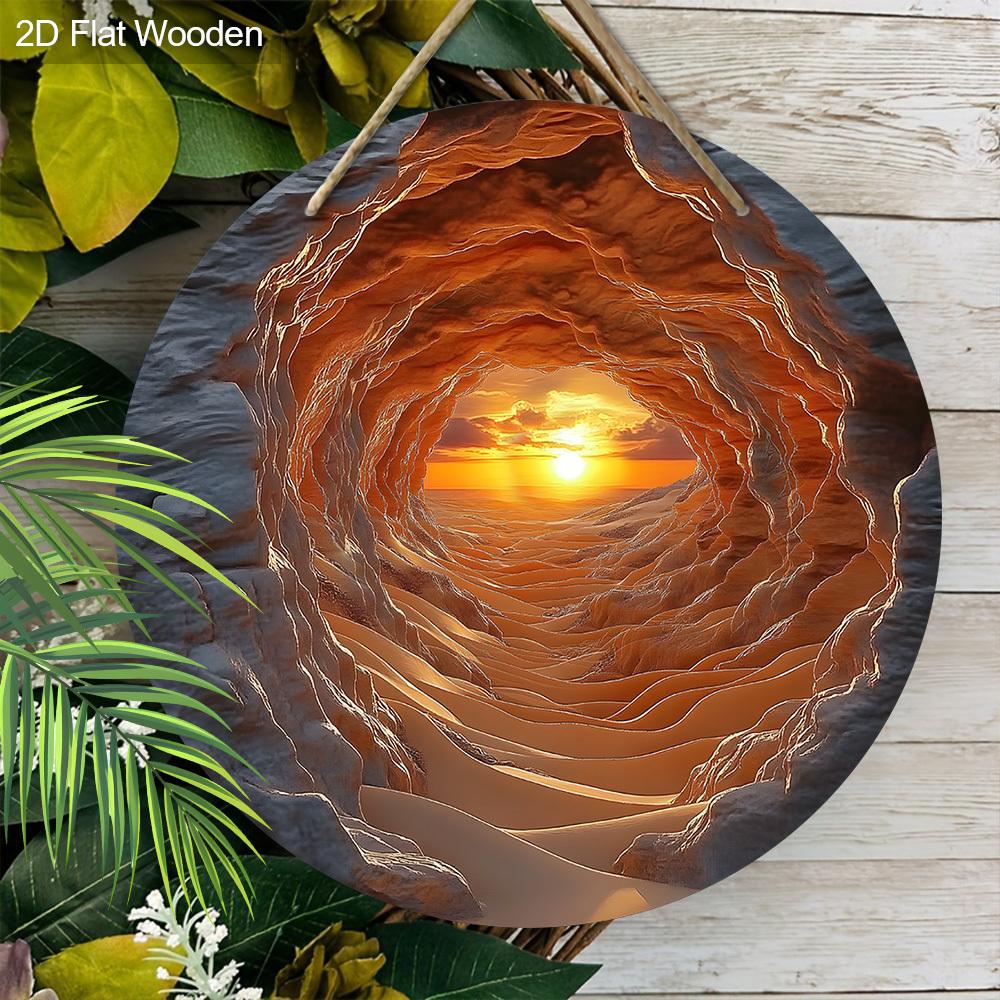 5pcs Wooden Wall Art Decor, 7.87" Round Plaque with Cave Sunrise Scene - Classic Style, Multipurpose Wall Hanging - No Electricity Required, Ideal for