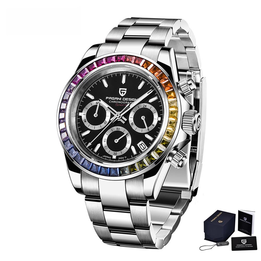 PAGANI DESIGN PD-1644 Sportovní hodinky s duhovou lunetou pro muže, Quartz, Nerezová ocel, Vodotěsné 100M, Pánské hodinky, VK63, Safírový chronograf
