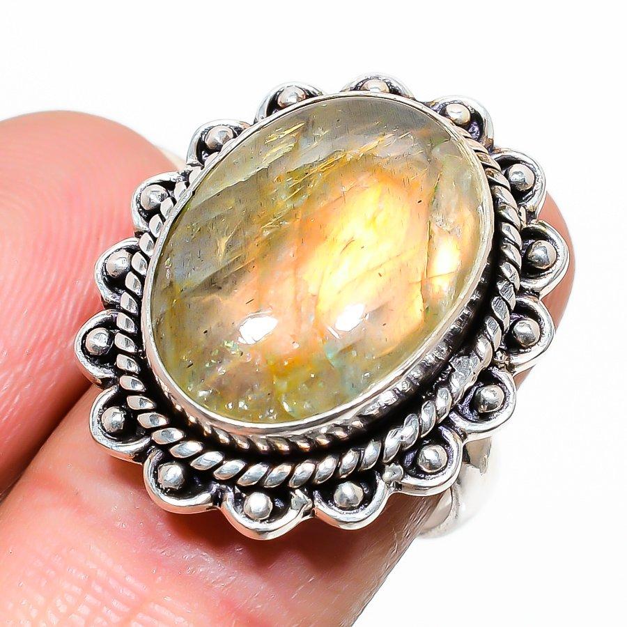 

Кольцо из стерлингового серебра 925 пробы с натуральным лабрадоритом ручной работы, размер 8 C4K92