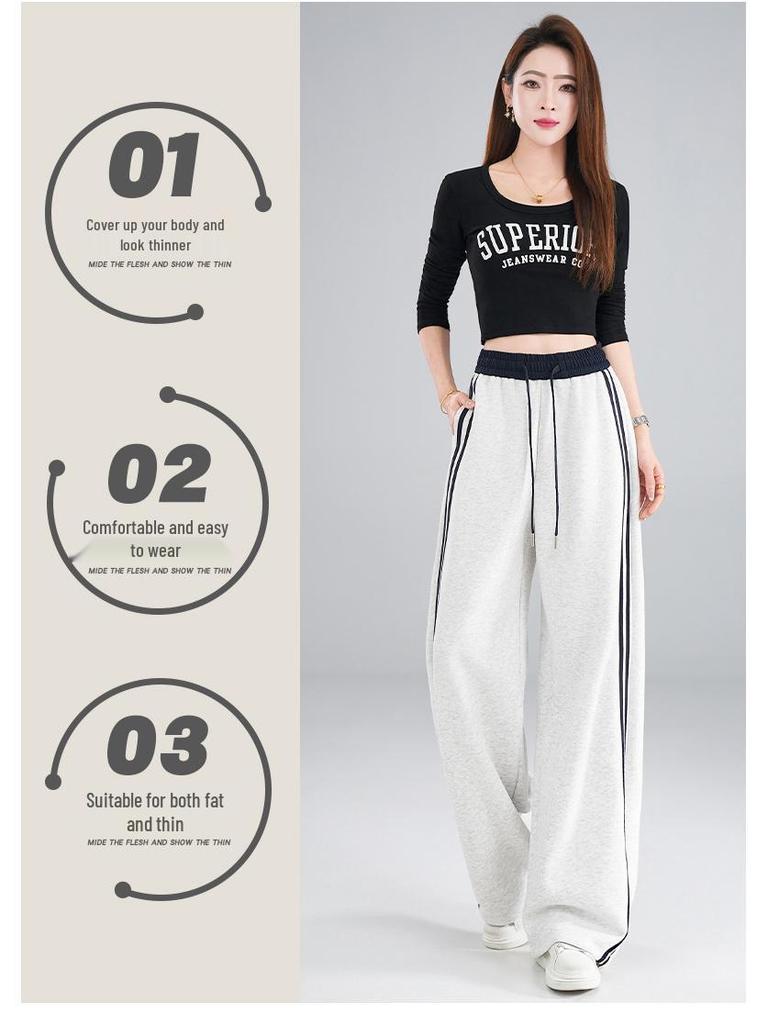 Women's Street-Style High-Waisted Wide-Leg Pants - 2026 Spring College Style, Age-Reducing, Drape, Straight-Leg Sweatpants