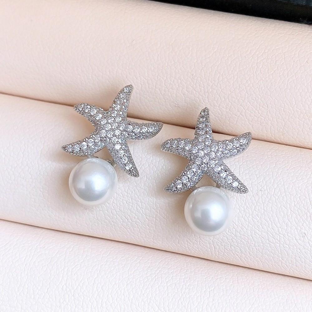 Crystal Starfish Pearl Stud Earrings Ocean Style Starfish Starfish Ear Studs  Ladies