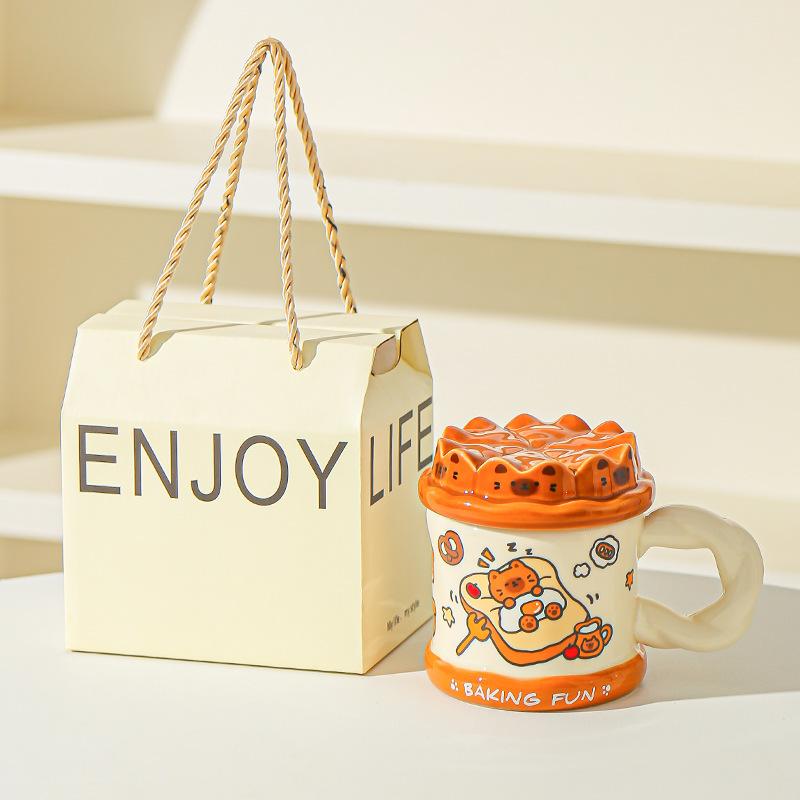 Hand drawn Birthday Cake Cute Cat Mug Office High Looking Girl Water Cup with Lid Home Couple Ceramic Cup