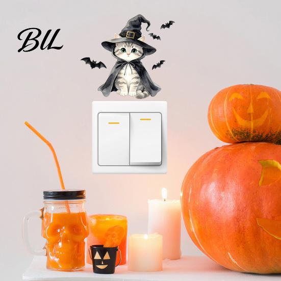 Kids Room Wall Accents Halloween Wizard Cat & Bat Switch Sticker, Self-Adhesive Light Decal, Themed Living Decor Removable for Bedroom Entryway