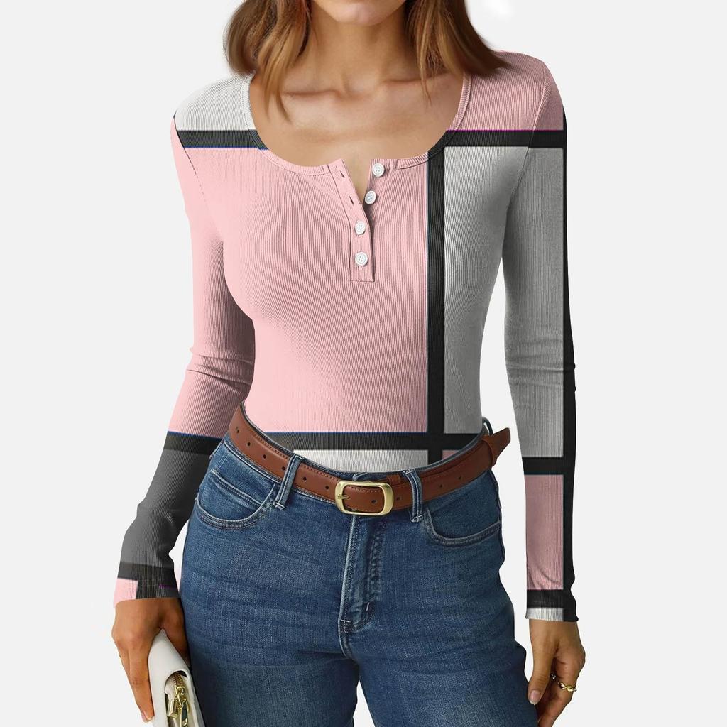 Women's Slim Bottom T-shirt Fashion Casual Gradient Printing Round Neck Pullover Long Sleeve Top