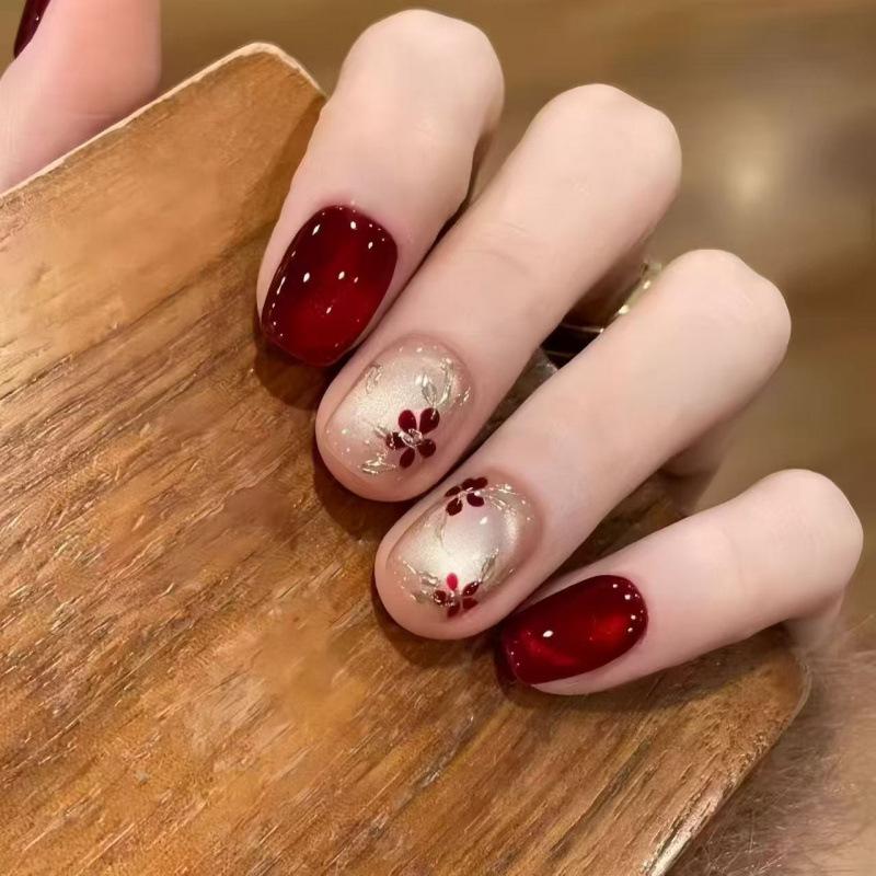 Red Flame Golden Branch: Autumn/Winter Semi-Handmade Wearable Nails - Chinese Style Cat Eye for a Luxe, Elegant, Whitening Look