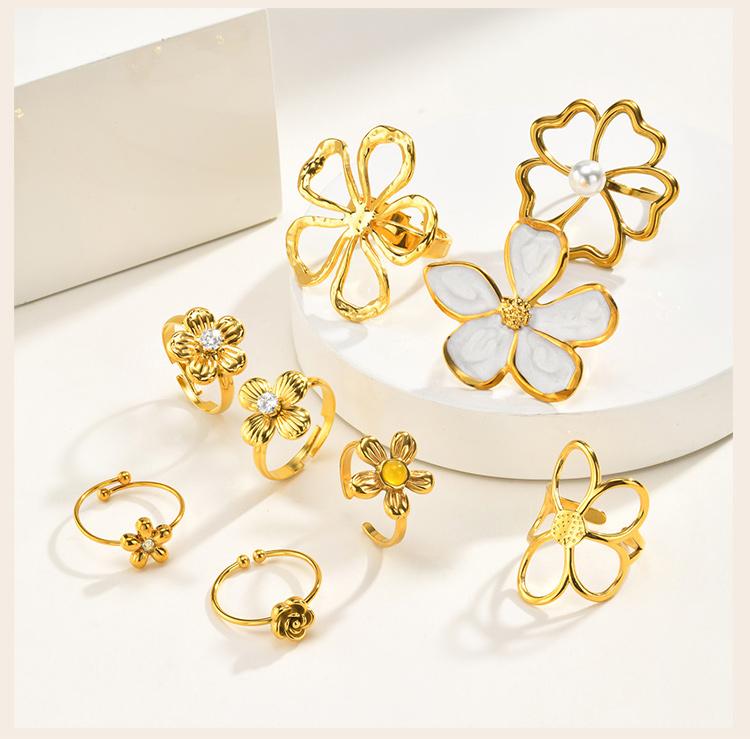 Open Adjustable Flower Ring, Stainless Steel 18K PVD Gold Plated, Waterproof Tarnish Free Trendy Floral Jewelry Gift for Women