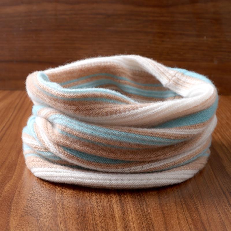 Unisex 100% Wool Knitted Striped Ring Scarf Women Soft Warm Cashmere Like Neckchief Fashion Turtleneck Fake Collar Neck Warmer