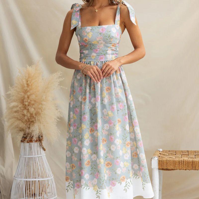 European and American Summer New Holiday Style French Style Floral Waist Hugging Slim Fit Color Matching Sling Jumpsuit Long Dress