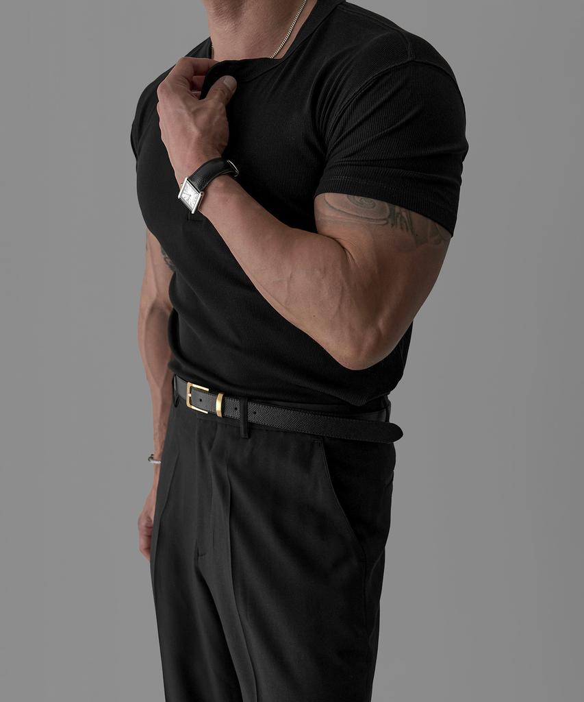 Baulopeulodeogteu Tencel Ribbed Henley Neck Muscle Short Sleeve T-Shirt [Black]