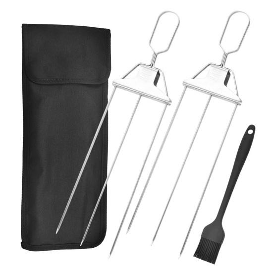 3-Prong Grill Skewers, Stainless Steel BBQ Skewers with Pusher, Rust-proof Grill Sticks for Meat Vegetables Chicken Shrimp, Outdoor Cooking Essential