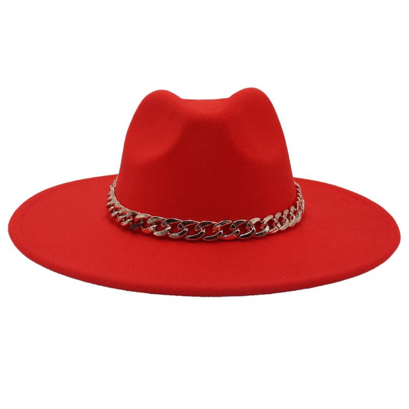 Big Brim Gold Acrylic Chain Felt Hat Solid Color Cashmere Jazz Hat French Top Hat