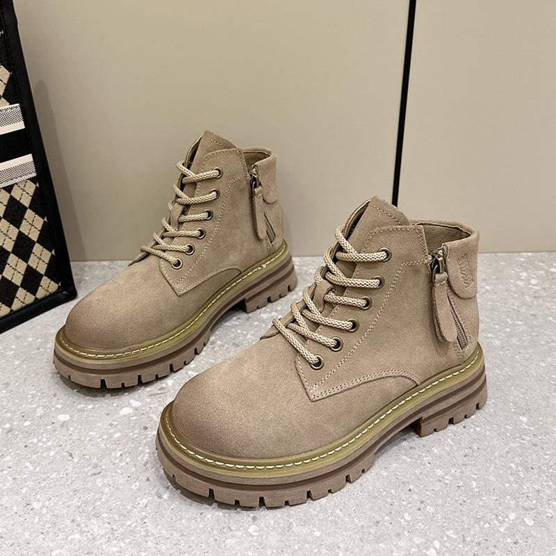 European Station Cattle Velvet Leather Rhubarb Women's Double Zipper Thicksole Inner Height Increasing Martin Retro Short