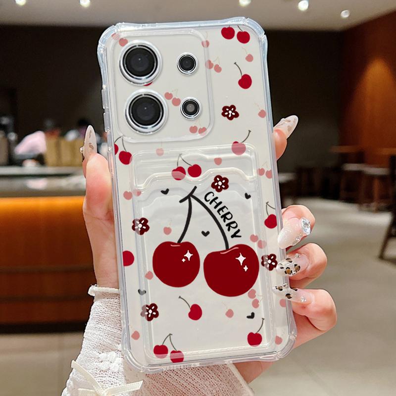 

Мягкий силиконовый тонкий чехол с рисунком вишни для Xiaomi 14T 13T Pro Poco F6 X6 Pro C65 Redmi Note 13 12 Pro 11, противоударный прозрачный чехол для слота для карт, задняя крышка Redmi Note 10 Pro 4G прозрачный