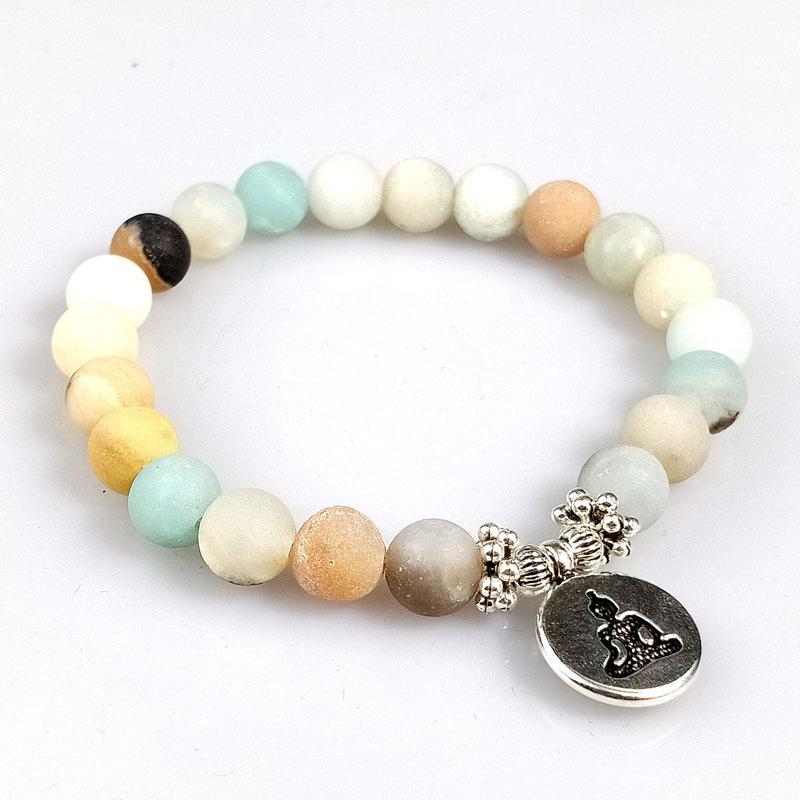 Natural Matte Amazonite Bracelet with Yoga Lotus Pendant - Handmade Buddhist Beads
